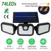 Solar Wall Lamp 74 LEDs 3 Adjustable Head Motion Sensor Flood Light IP65 Waterproof Security Light Outdoor 270° Wide Angle Light For Garage Front Door