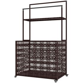 Outsunny Wicker Pool Float Storage Organizer, PE Rattan Pool Float Holder with Basket Shelf Towel Bars, Rolling Pool Caddy for Floaties, Noodles