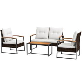 Outsunny 4-Piece Rattan Patio Furniture Set with Loveseat Sofa, Chair, Wood Coffee Table, Cushions, for Outdoor, Backyard, White
