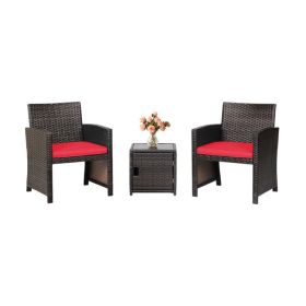 3 Pieces Patio Wicker Furniture Set with Storage Table and Protective Cover (Color: Red)