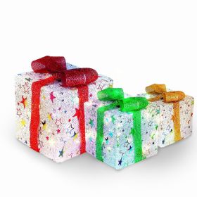 Set of 3 Christmas Lighted Gift Boxes Xmas Present Ornament 50 LED Christmas Box Decorations with Ribbon Bows IP44 Waterproof Battery Powered for (Type: Star)