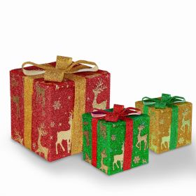 Set of 3 Christmas Lighted Gift Boxes Xmas Present Ornament 50 LED Christmas Box Decorations with Ribbon Bows IP44 Waterproof Battery Powered for (Type: Deer)