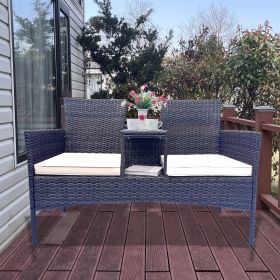 Wicker Patio Conversation Furniture Set, Outdoor Furniture Set with Removable Cushions & Table, Tempered Glass Top (Color: White)